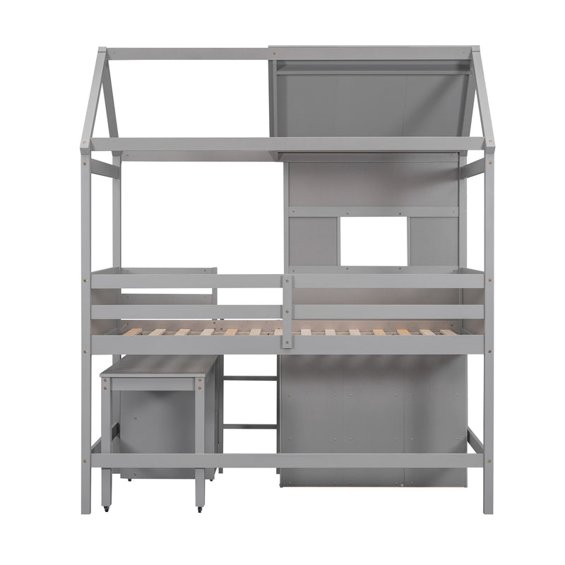 Twin Size House Loft Bed with Storage Desk and 3 Drawer Chest, Gray