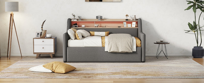 Twin Size Daybed with Hydraulic Storage, Upholstered Daybed with Lift Up Storage, Twin Linen Daybed with Charging Station and LED Lights,Gray(Expect arrival date 2024.2.20)