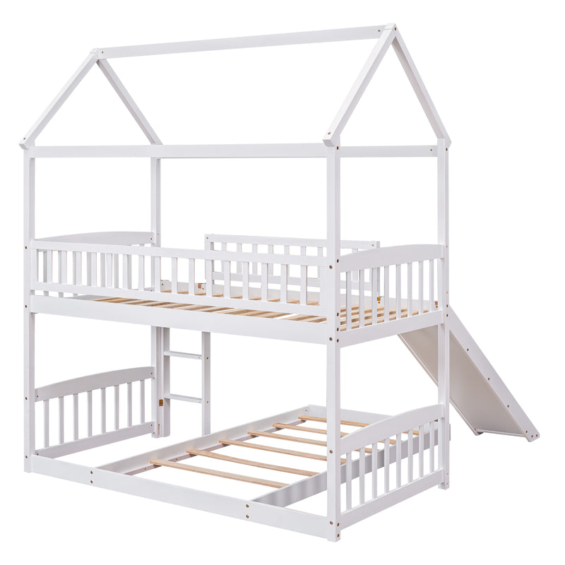 Twin Over Twin Bunk Bed with Slide, House Bed with Slide, White(OLD SKU: LT000214AAK)