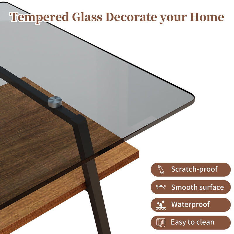 Rectangle Coffee Table, Tempered Glass Tabletop With Metal Legs