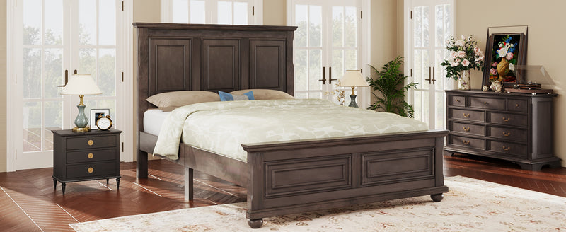 Traditional Town and Country Style Pinewood Vintage Queen Bed, Rich Brown