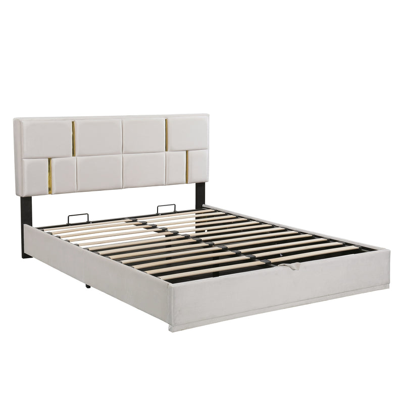 Queen Size Upholstered Platform Bed with Hydraulic Storage System,No Box Spring Needed,Beige