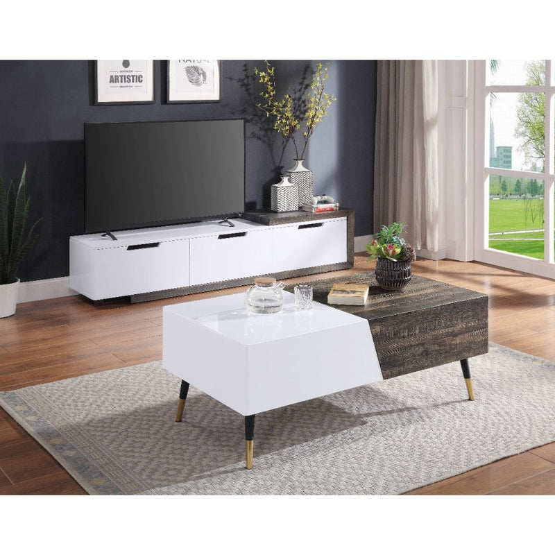 Orion - TV Stand - White High Gloss & Rustic Oak