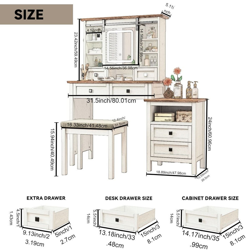 Farmhouse Makeup Vanity Desk With Adjustible LED Lighted Mirror And Charging Station For Bedroom, Dressing Vanity Table With Side Cabinet And Cushioned Stool - White