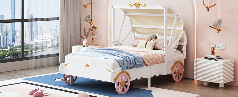 Twin Size Princess Carriage Bed with Canopy, Wood Platform Car Bed with 3D Carving Pattern, White+Pink+Gold