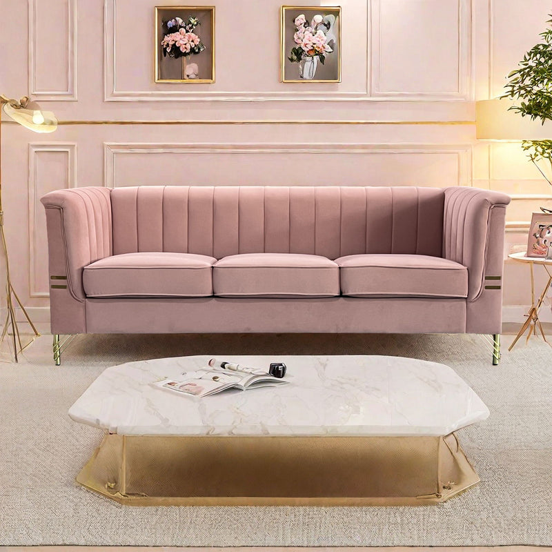 Modern Chenille Sofa, Upholstered Couch With Bolster Armrest, 3-Seat Sofa For Living Room, Bedroom, Office, Apartment, Dorm