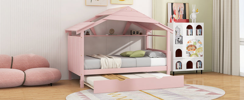 Wood Twin Size House Bed with Trundle and Storage, Pink