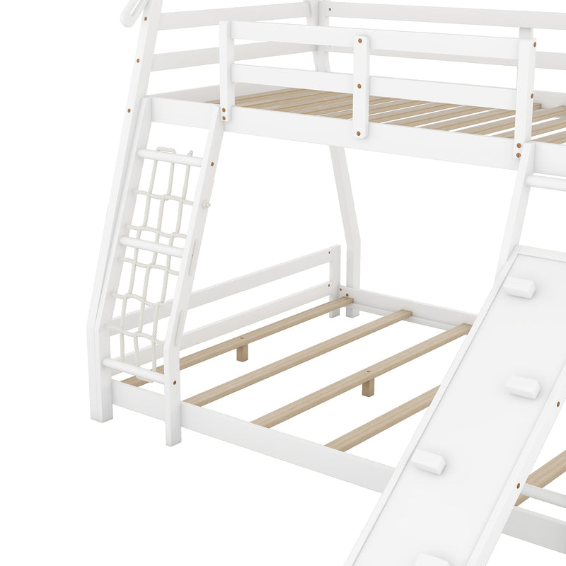 Twin over Queen House Bunk Bed with Climbing Nets and Climbing Ramp, White