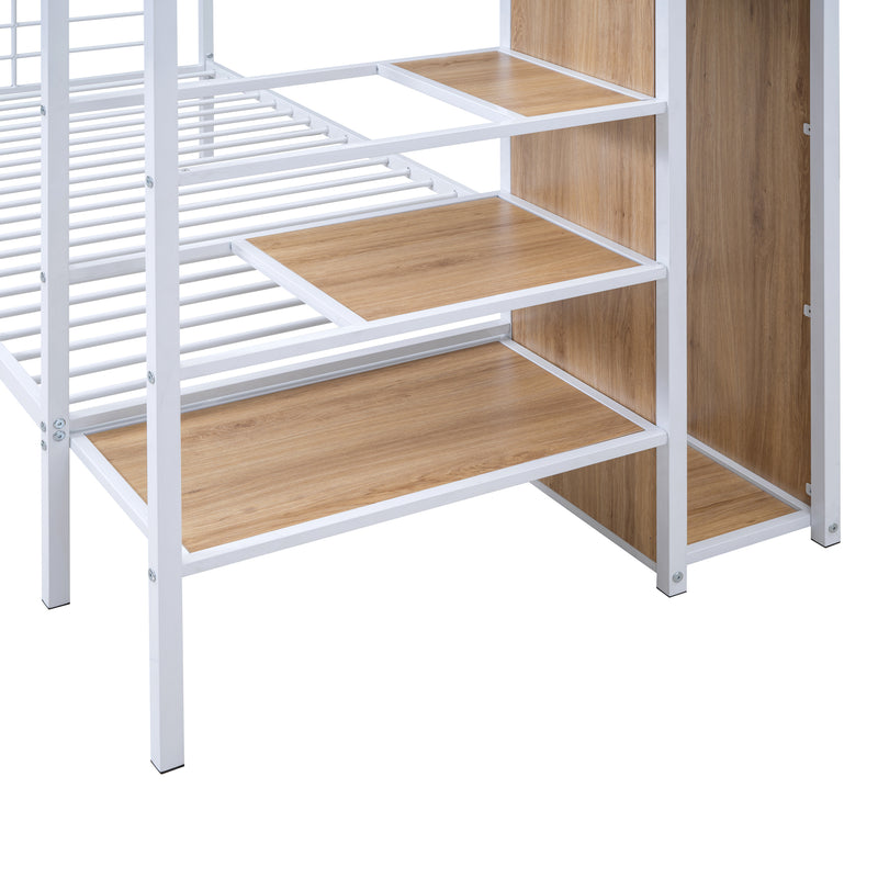 Twin Over Twin Metal Bunk Bed with Lateral Storage Ladder and Wardrobe, White