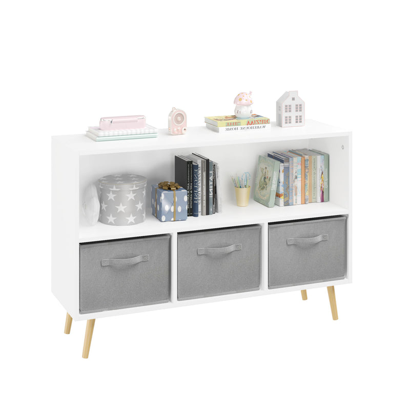 Kids Bookcase With Collapsible Fabric Drawers, Children's Book Display, Toy Storage Cabinet Organizer - White / Gray