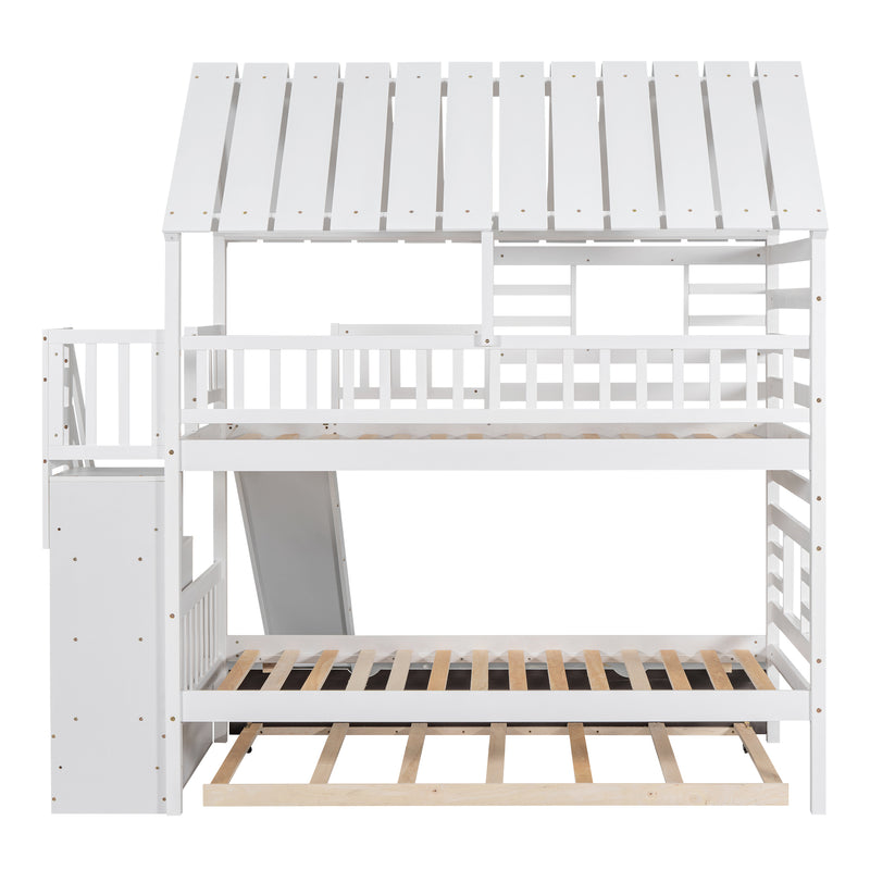 Twin over Twin House Bunk Bed with Trundle and Slide, Storage Staircase, Roof and Window Design, White(Old SKU: GX000931AAK)