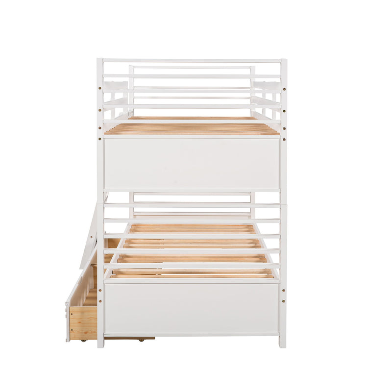 Twin Over Twin Wood Bunk Bed With Two Drawers - White