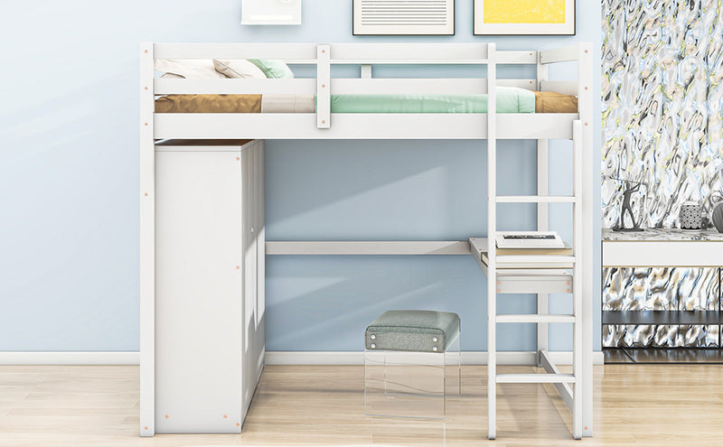 Wood Full Size Loft Bed with Built-in Wardrobe, Desk, Storage Shelves and Drawers, White