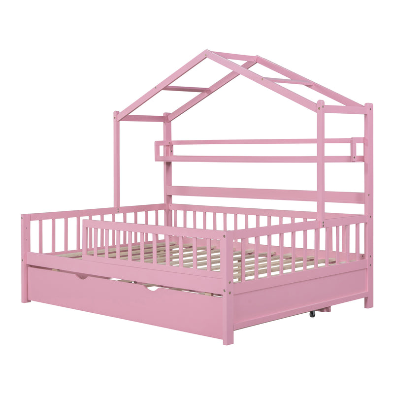 Wooden Full Size House Bed with Twin Size Trundle,Kids Bed with Shelf, Pink