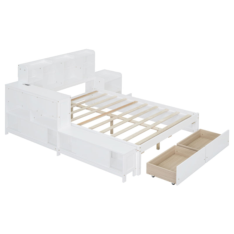 Platform Bed With Multi Functional Storage Space, Nightstand, 2 Drawers, USB Ports And Desk