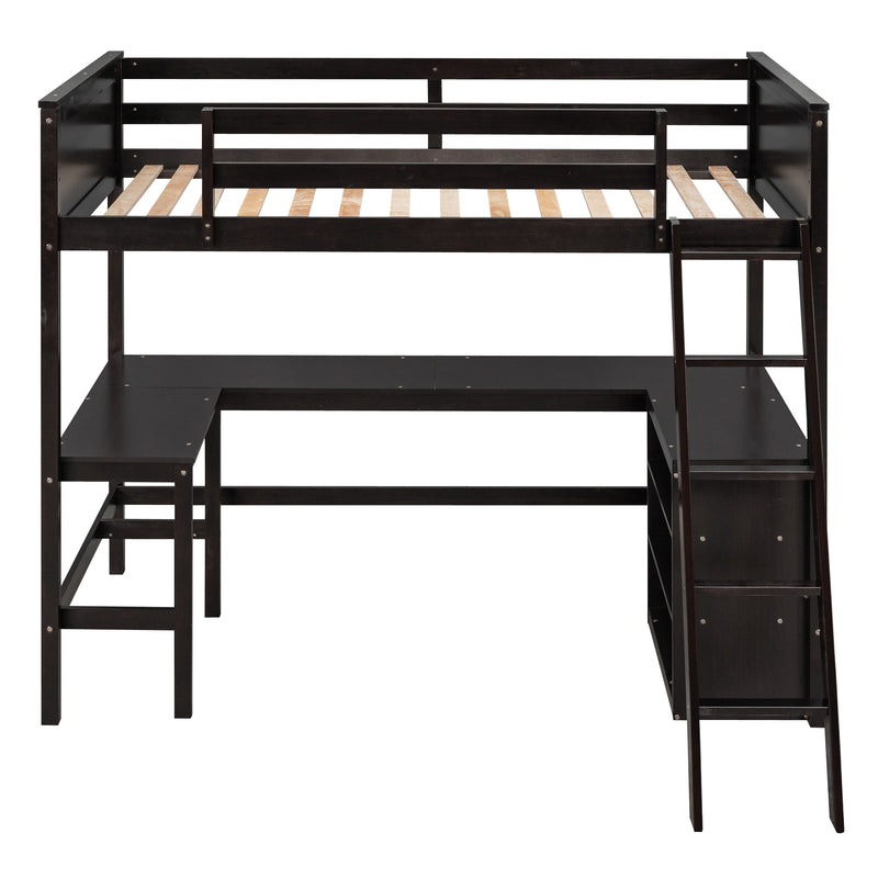 Twin size Loft Bed with Shelves and Desk, Wooden Loft Bed with Desk - Espresso(OLD SKU:LT000537AAP)