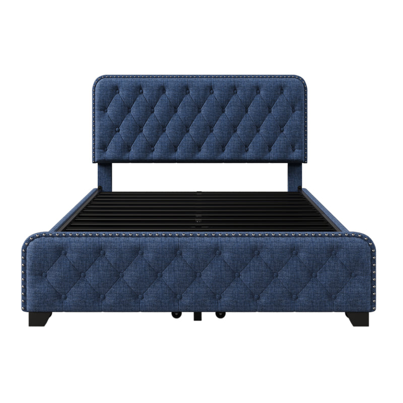 Upholstered Platform Bed Frame with Four Drawers, Button Tufted Headboard and Footboard Sturdy Metal Support, No Box Spring Required, Blue, Full (Old sku:BS300281AAC)