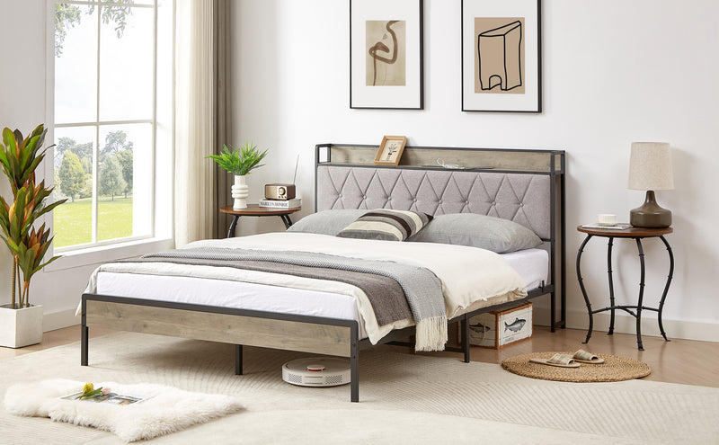 Bed frame with charging station Queen size,Grey, 87.8'' L x 61.8'' W x 39.2'' H.