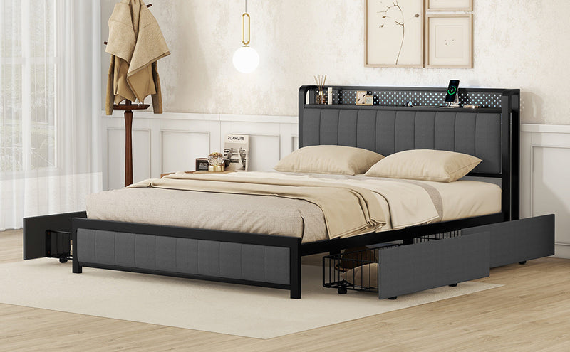 Queen Bed Frame with LED Headboard, Upholstered Bed with 4 Storage Drawers and USB Ports, Dark Grey