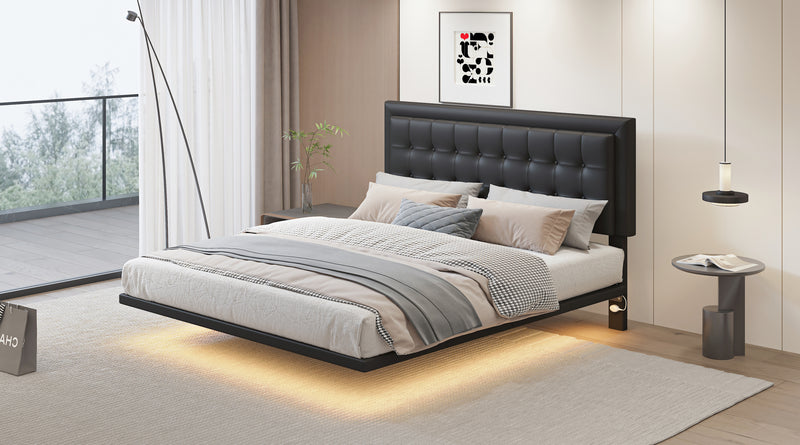 Queen Size Floating Bed Frame with Motion Activated Night Lights,Modern PU Upholstered Button Tufted Platform Bed Frame,Black