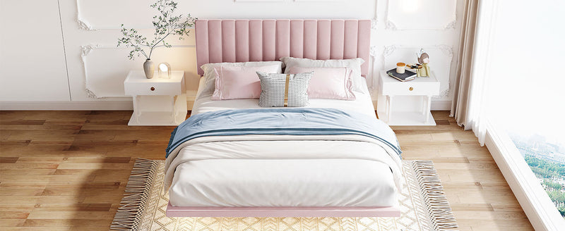 Queen Size Upholstered Bed with Sensor Light and Headboard, Floating Velvet Platform Bed, Pink