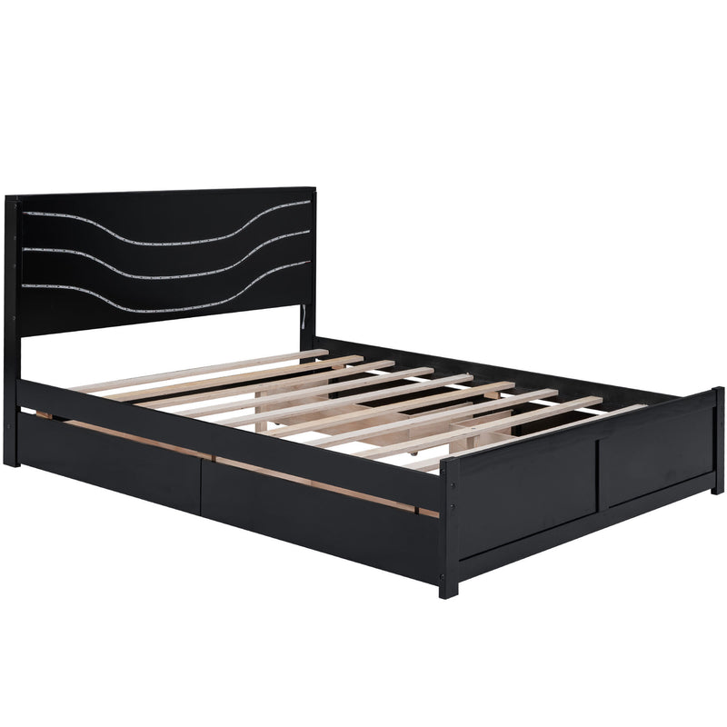 Queen Size Wood Storage Platform Bed with LED and 4 Drawers, Black