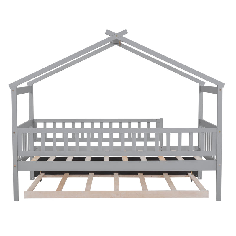 Twin Size Wooden House Bed with Twin Size Trundle, Gray