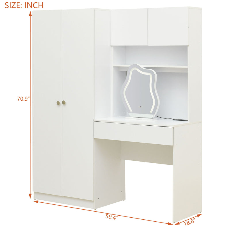 2 Door Storage Vanity Wardrobe For Bedroom With Makeup Mirror And Drawers - White