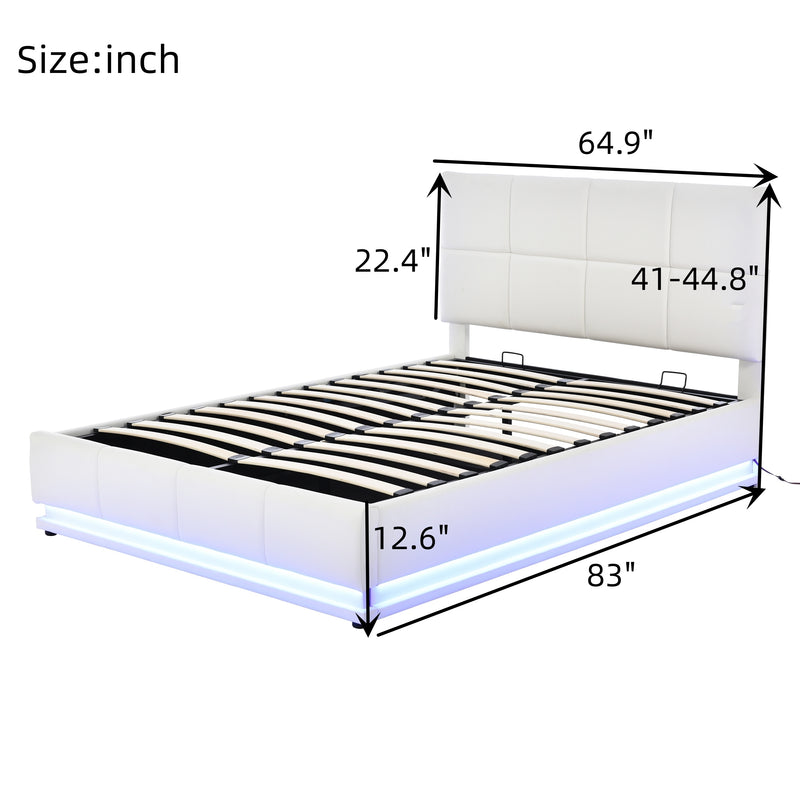 Tufted Upholstered Platform Bed with Hydraulic Storage System,Queen Size PU Storage Bed with LED Lights and USB charger, White