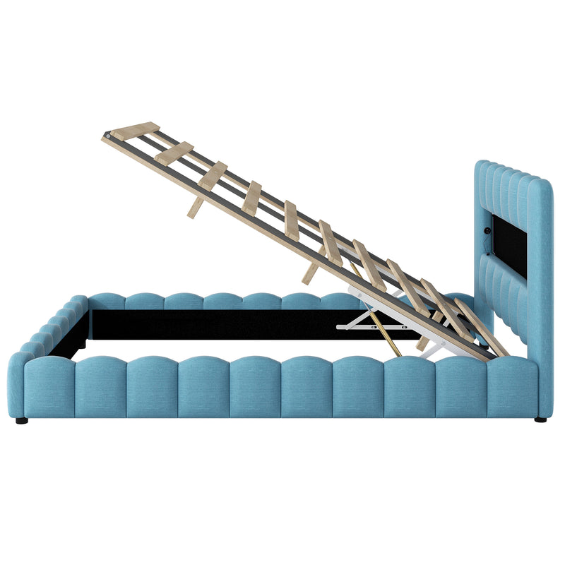 Queen Size Upholstered Platform Bed with LED Headboard and USB, Blue