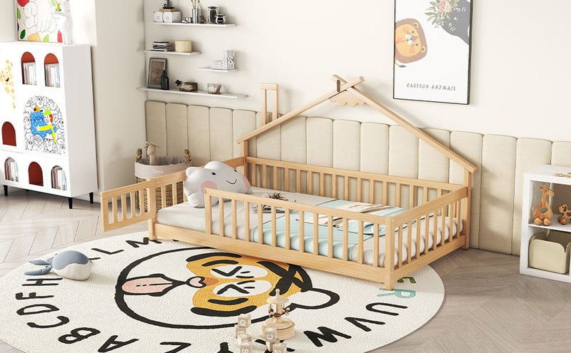 House-Shaped Bedside Floor Bed With Guardrails, Slats, With Door