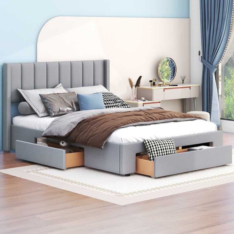 Queen Size Upholstered Platform Bed with One Large Drawer in the Footboard and Drawer on Each Side,Gray