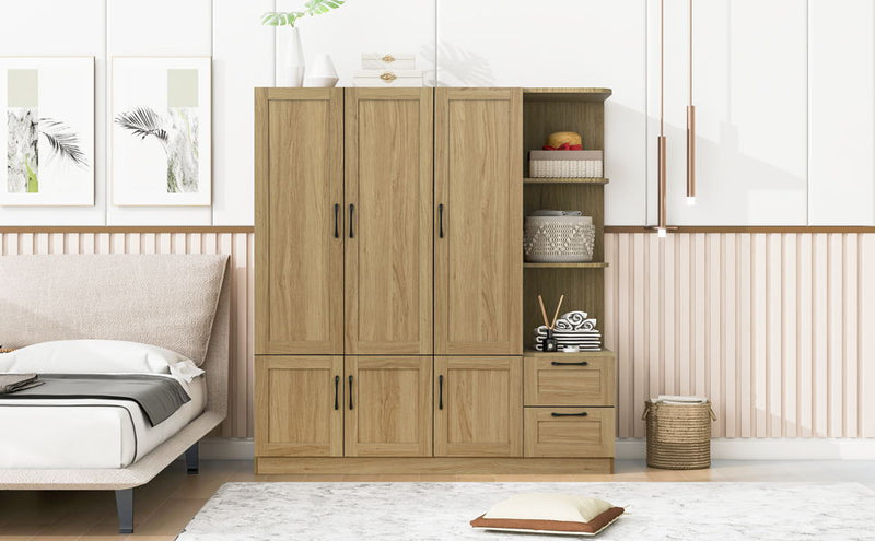 3 Door Storage Wardrobe For Dedroom With Shelves And 2 Drawers, Side Storage Shelves