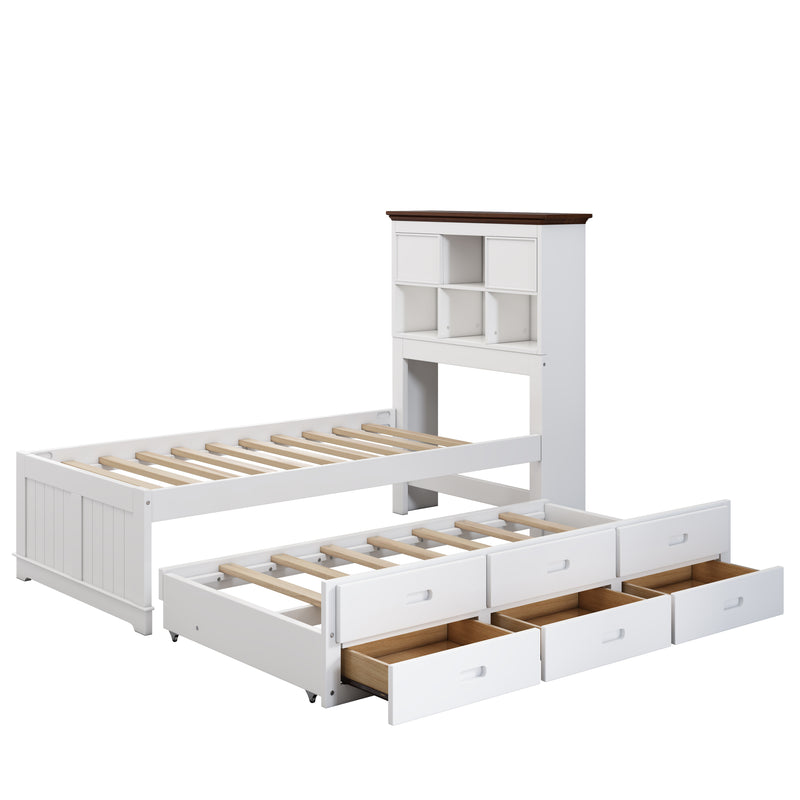 Solid Pine Captain Bookcase Bed with Trundle Bed and 3 Spacious Under Bed Drawers in Casual,Twin, White+Walnut