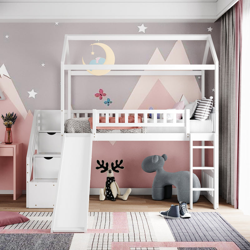 Twin Loft Bed with Two Drawers and Slide, House Bed with Slide, White (Old SKU: LP000130AAK)