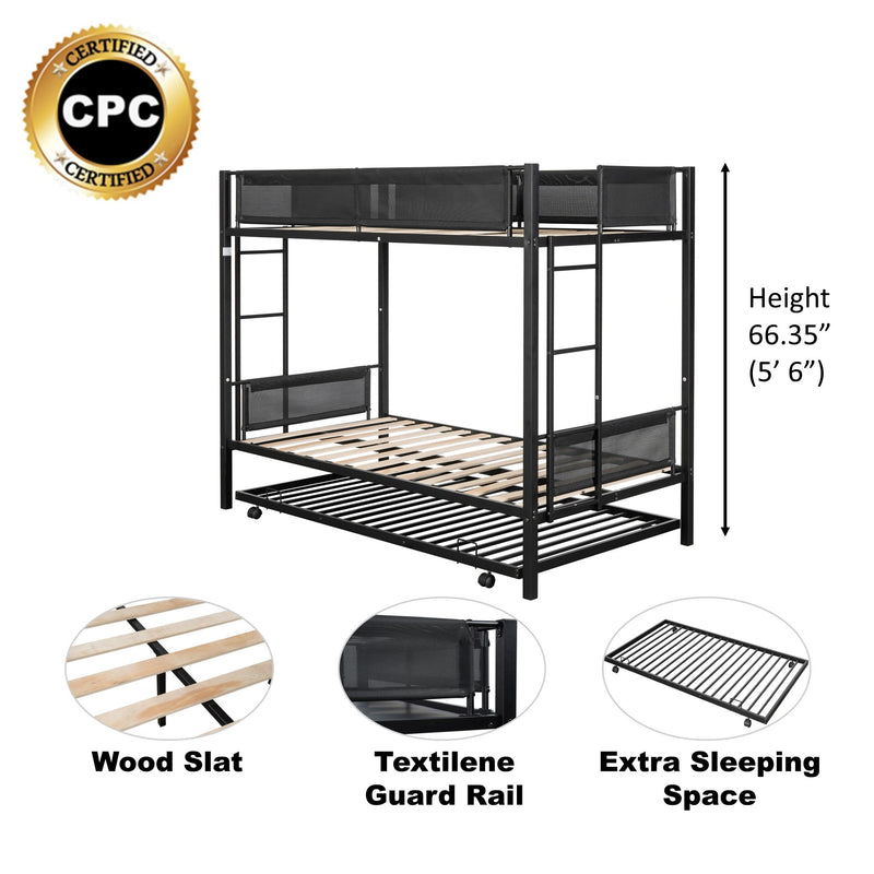 Metal Twin Over Twin Bunk Bed With Trundle/ Sturdy Metal Frame/ Noise Free Wood Slats/ Comfortable Textilene Guardrail/ 2 Side Ladders/ Space Saving Trundle/ Bunk Bed For Three/ No Box Spring Needed - Black