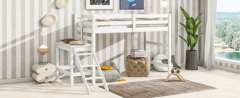 Twin Loft Bed with Platform, ladder,White