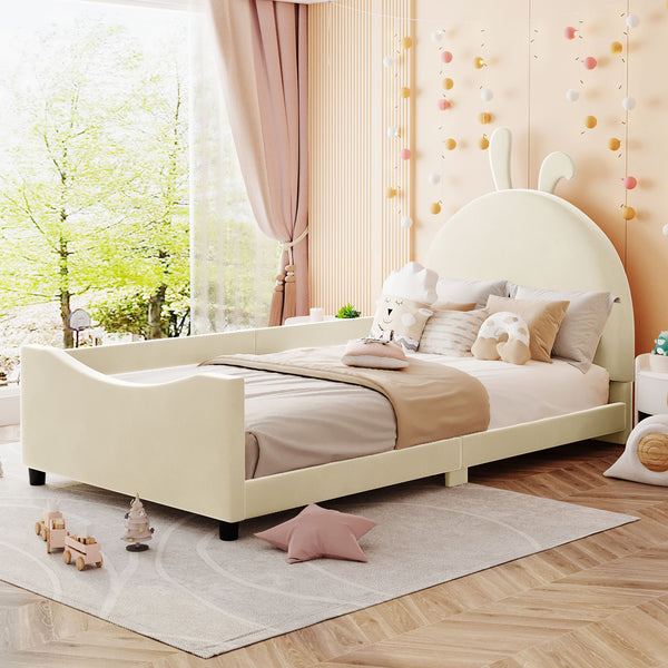 Twin Size Upholstered Daybed with Rabbit Ear Shaped Headboard, Beige