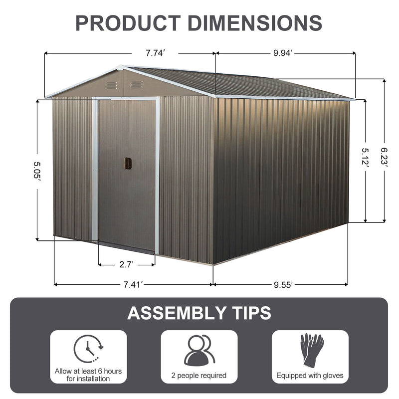 8X10Ft Outdoor Metal Storage Shed - Gray