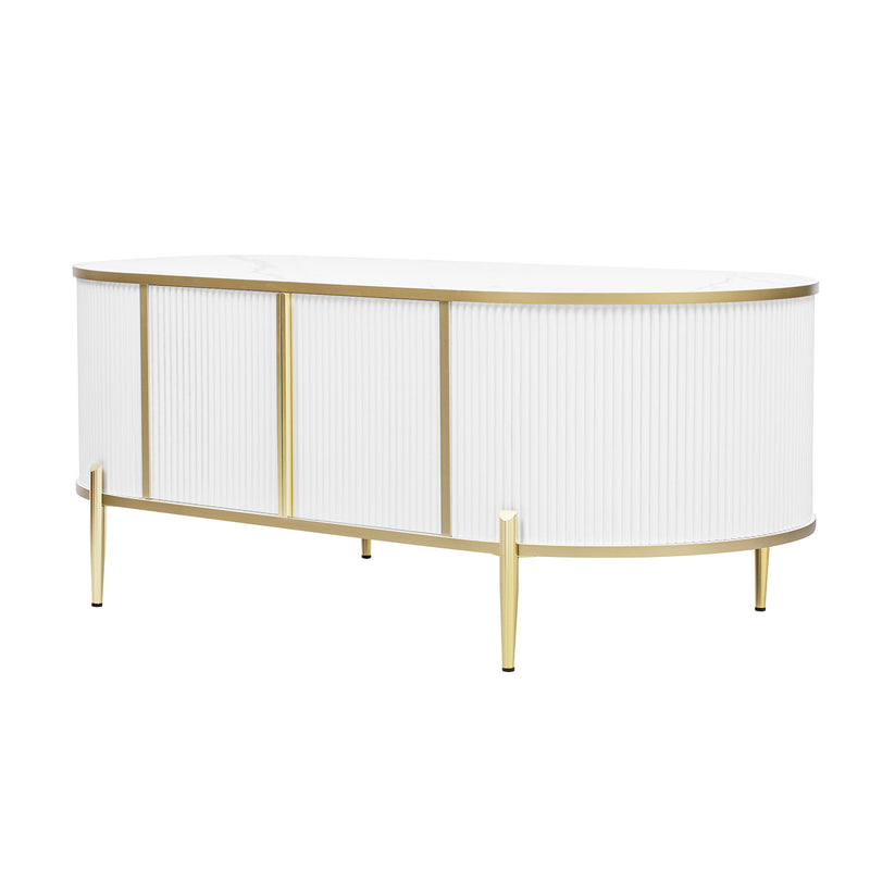 Modern Luxury Oval Shaped Fluted Coffee Table, Marble - Patterned Top Coffee Table With 2 Cabinets, Metal Legs And Handles For Living Room