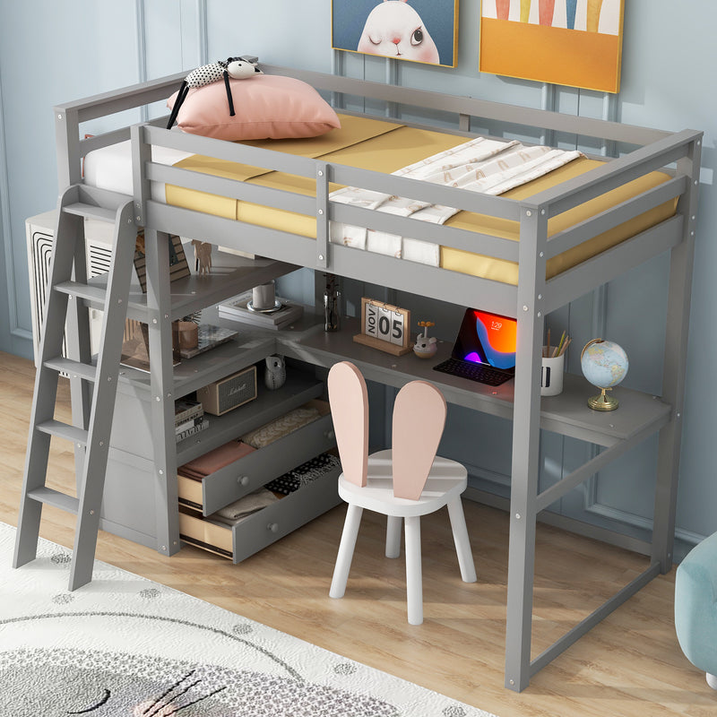 Twin Size Loft Bed with Desk and Shelves, Two Built-in Drawers, Gray(Old SKU: GX000423AAE)