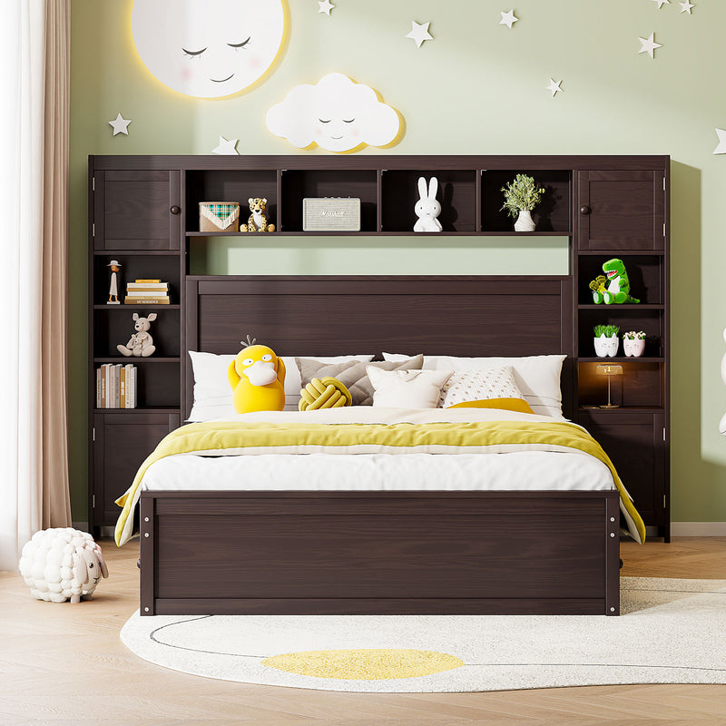 Queen Size Wooden Bed With All-in-One Cabinet, Shelf and Sockets, Espresso