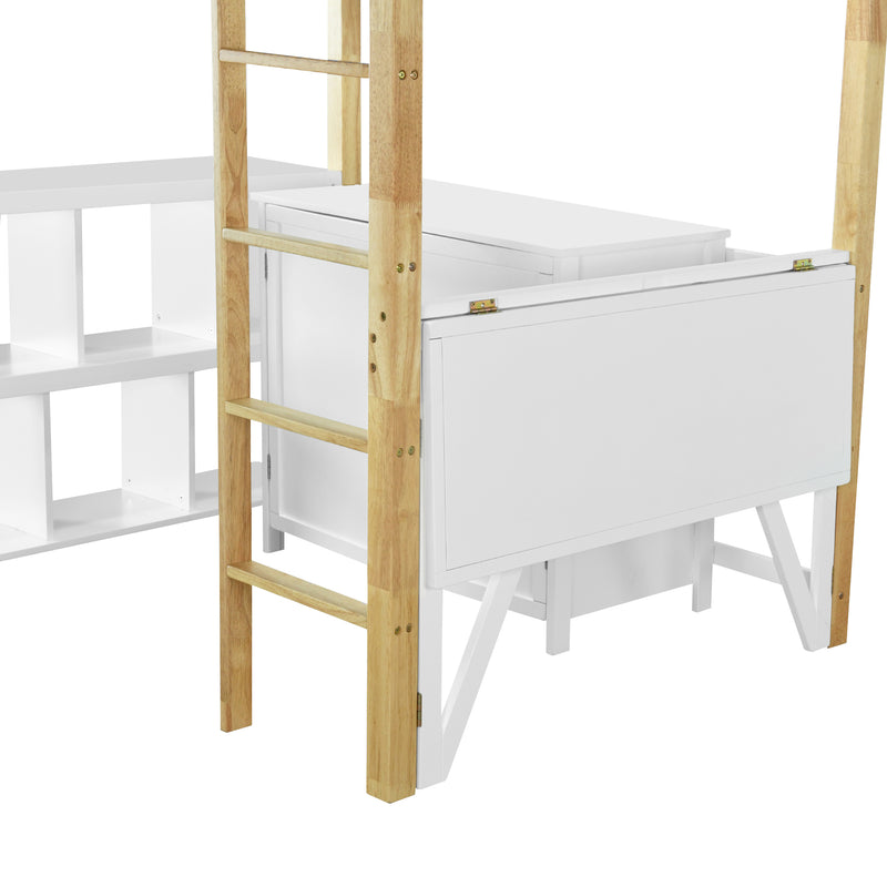 Twin Size Wood Loft Bed With Built-in Storage Cabinet and Cubes, Foldable desk, White