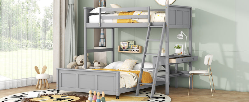 Twin Over Full Bunk Bed with Desk, Gray