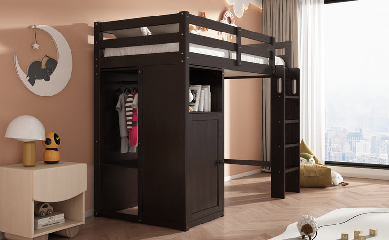 Twin Loft Bed with Wardrobe, Storage Shelves and Ladder, Espresso