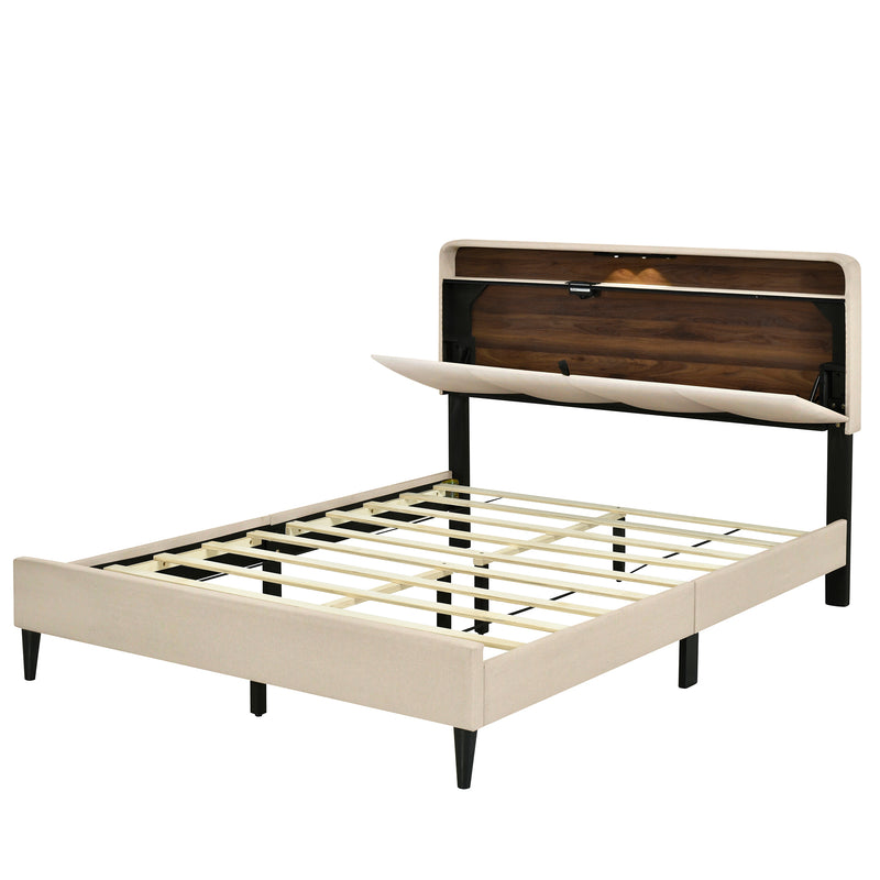 Queen size Upholstered Platform Bed with Storage Headboard, Sensor Light and a set of Sockets and USB Ports, Linen Fabric, Beige