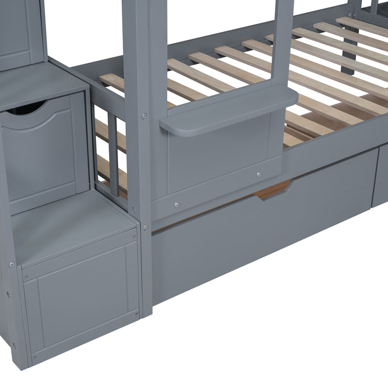 Twin-Over-Twin Castle Style Bunk Bed with 2 Drawers 3 Shelves and Slide - Gray