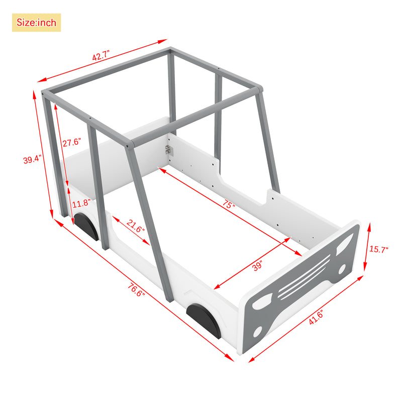 Twin Size Car-shaped Bed with Roof,Wooden Twin Floor Bed with wheels and door Design,Montessori Inspired Bedroom,Grey