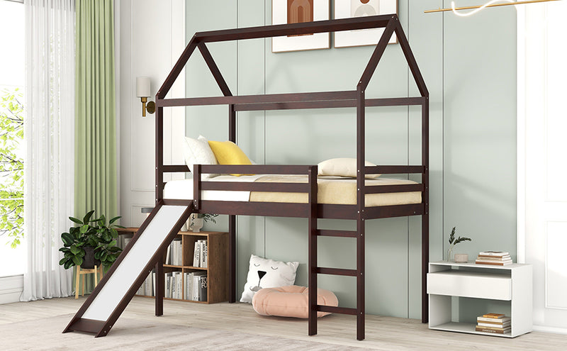 Twin Loft Bed with Slide, House Bed with Slide,Gray(OLD SKU :WF286245AAP)