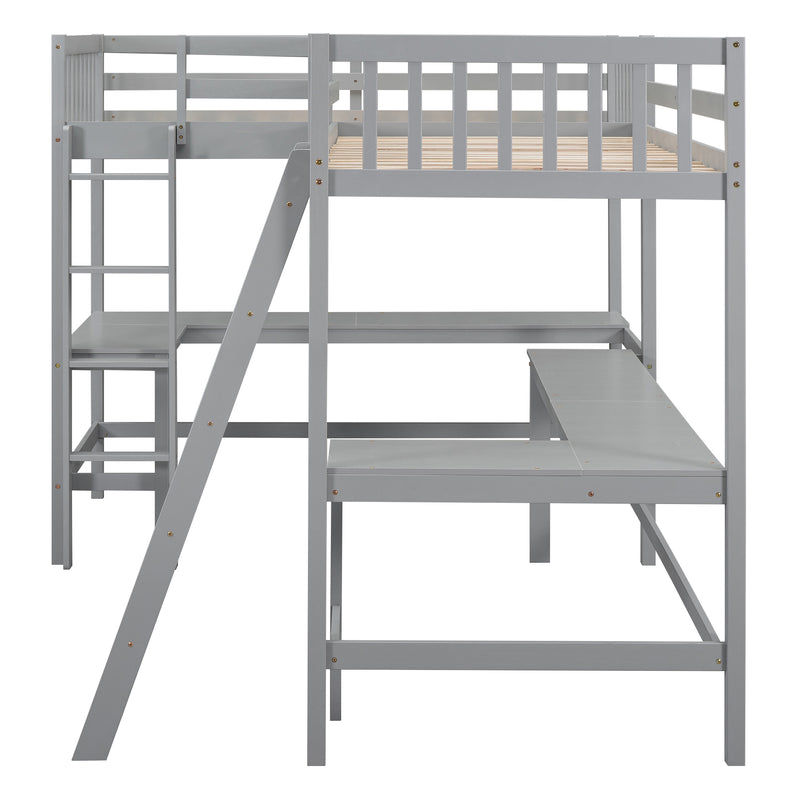 Wood Twin Size L-Shaped Loft Bed with Ladder and 2 Built-in L-Shaped Desks, Gray